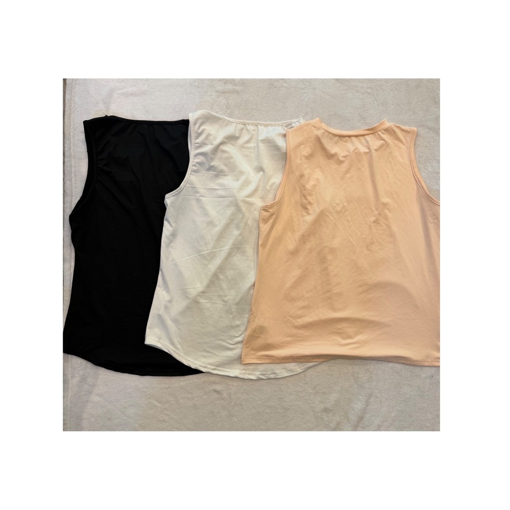 Lot of 3 Sleeveless Pleated V-Neck Round Neck Blouse Tops Black White Peach L - Picture 4 of 6
